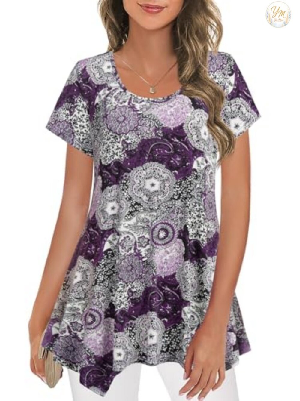 Floral Tunic Top Short Sleeve Scoop Neck Irregular Hem Loose Fit